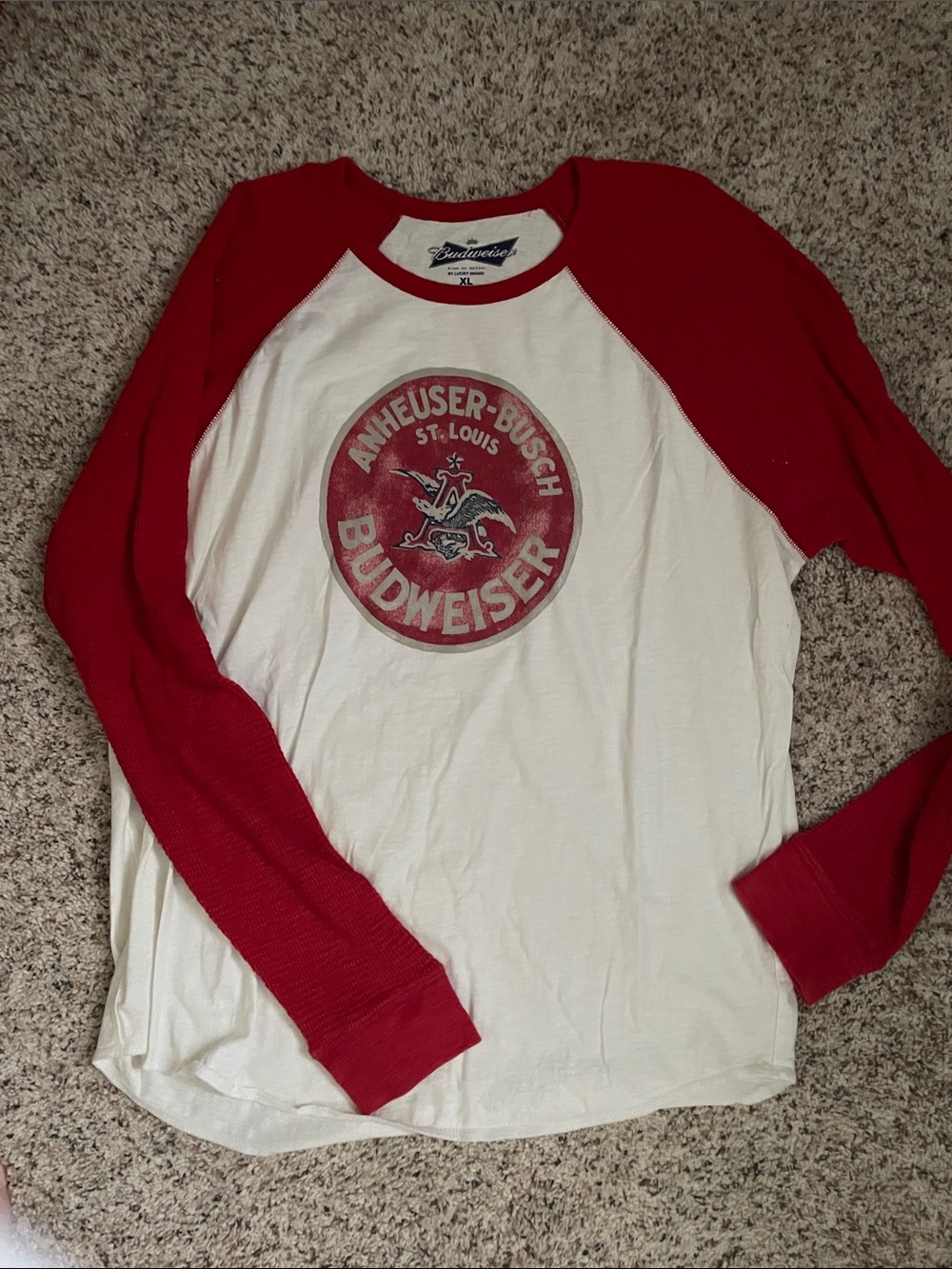 Budweiser White and Red Long Sleeve Raglan Graphic Tee